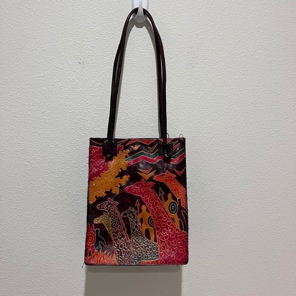 Vintage Hand Painted Tooled Leather Giraffe Safari Tote Bag Multicolor India